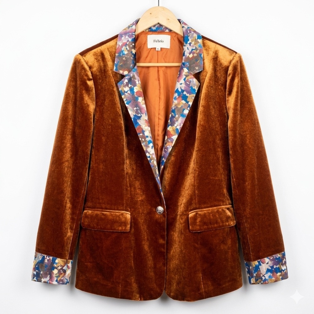 FuTario Velvet Floral Trim Blazer Burnt Orange Gold Crest Button XL Modern